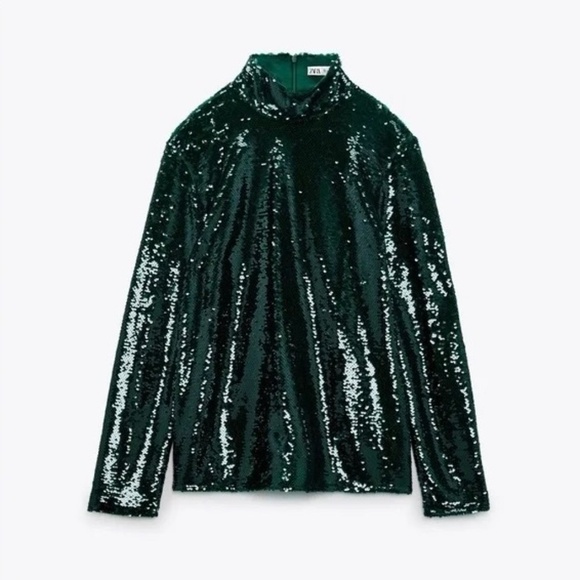 NWT!! ZARA Green Sequin High Mock Neck Top Blouse Stretch St Patick’s Day Medium - Picture 11 of 16